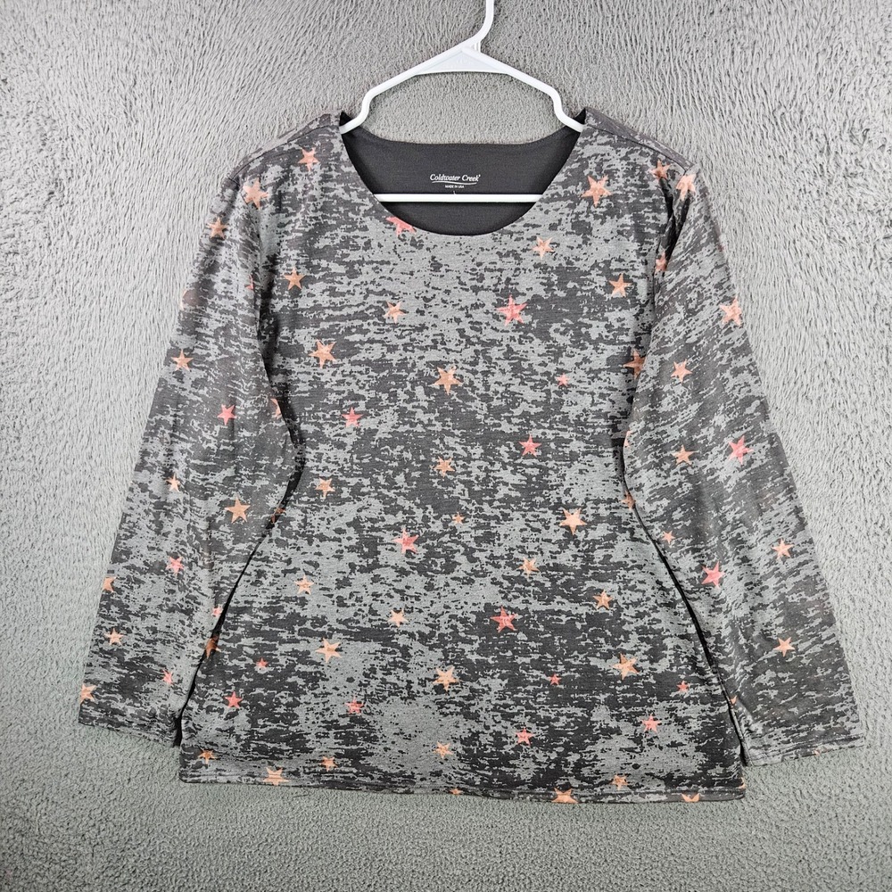 Coldwater Creek Womens Large Gray Star‎ Print Long Sleeve Burnout Top USA
